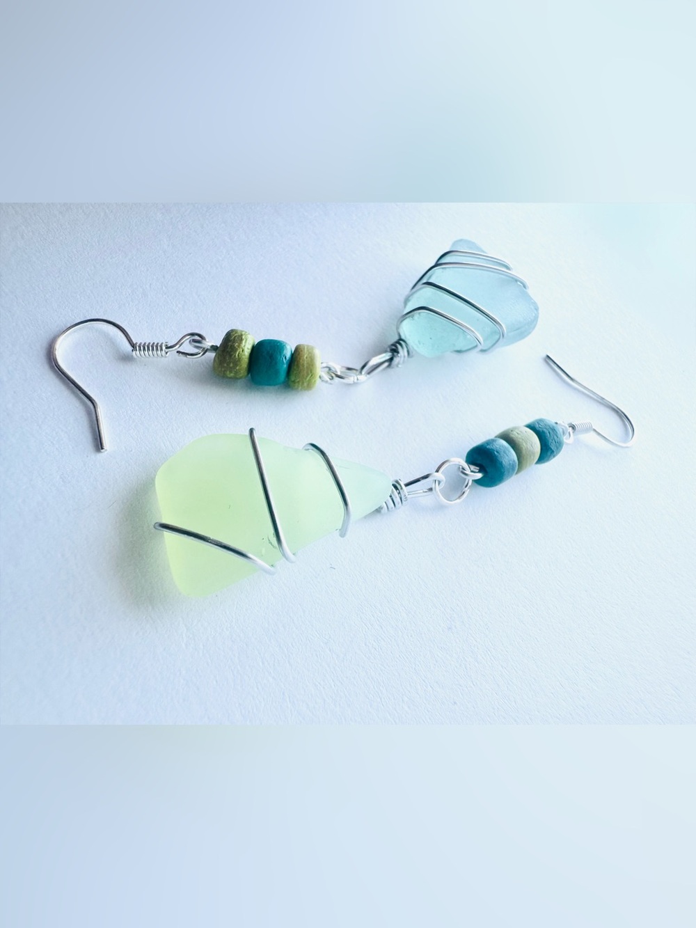 Sea Glass Wire-Wrap Long Dangle Earrings in Mint & Aqua